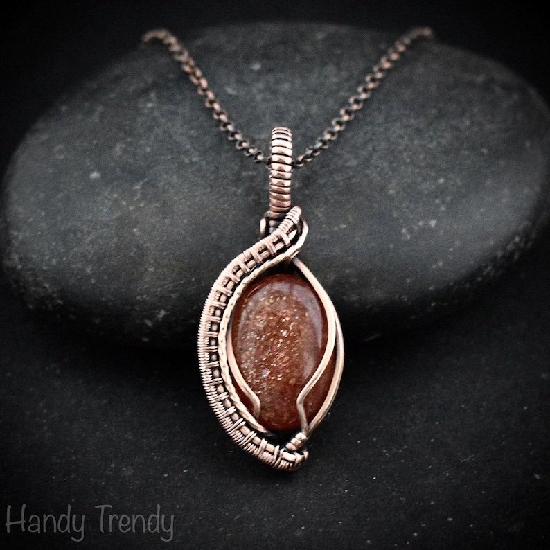 Sunstone pendant, Copper wire wrapped necklace, Unique handmade gift, One of a kind jewelry, Artisan boho necklace