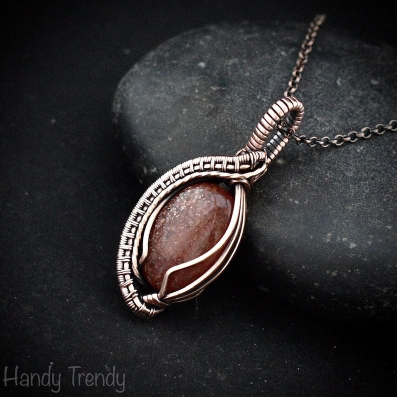 Sunstone pendant, Copper wire wrapped necklace, Unique handmade gift, One of a kind jewelry, Artisan boho necklace