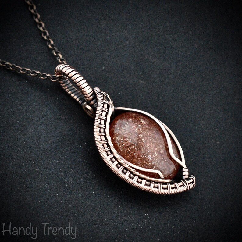 Sunstone pendant, Copper wire wrapped necklace, Unique handmade gift, One of a kind jewelry, Artisan boho necklace