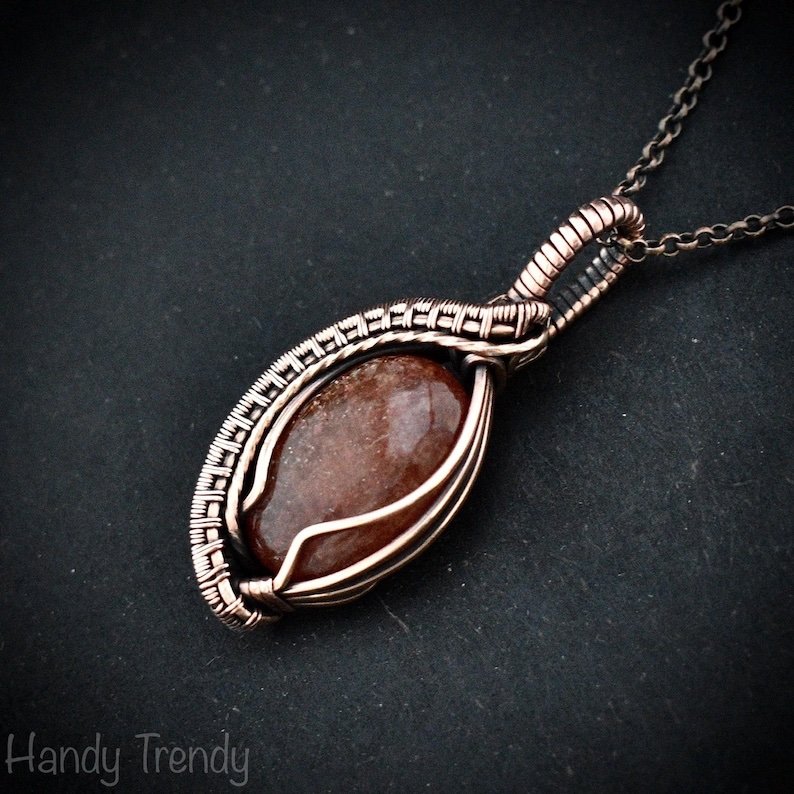 Sunstone pendant, Copper wire wrapped necklace, Unique handmade gift, One of a kind jewelry, Artisan boho necklace