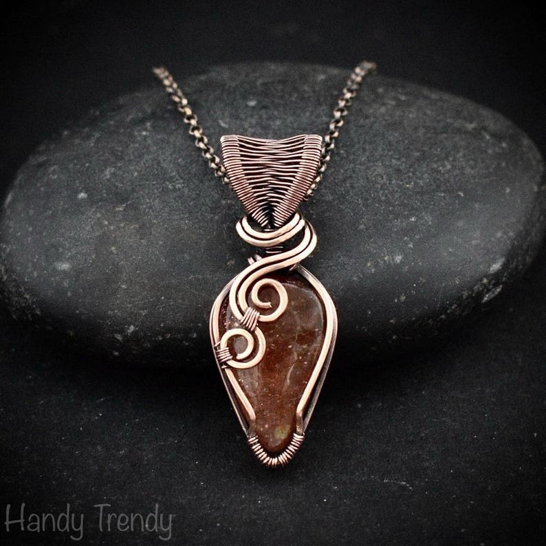 Sunstone pendant, Copper wire wrapped necklace, Unique handmade gift, One of a kind jewelry, Artisan boho necklace