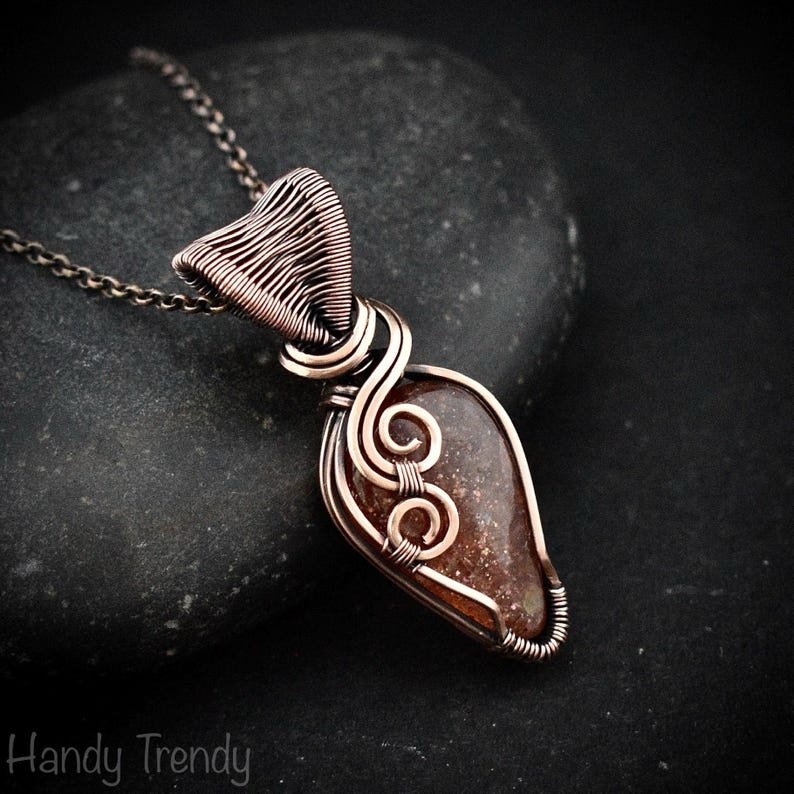 Sunstone pendant, Copper wire wrapped necklace, Unique handmade gift, One of a kind jewelry, Artisan boho necklace