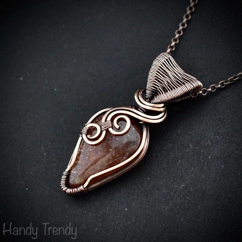 Sunstone pendant, Copper wire wrapped necklace, Unique handmade gift, One of a kind jewelry, Artisan boho necklace