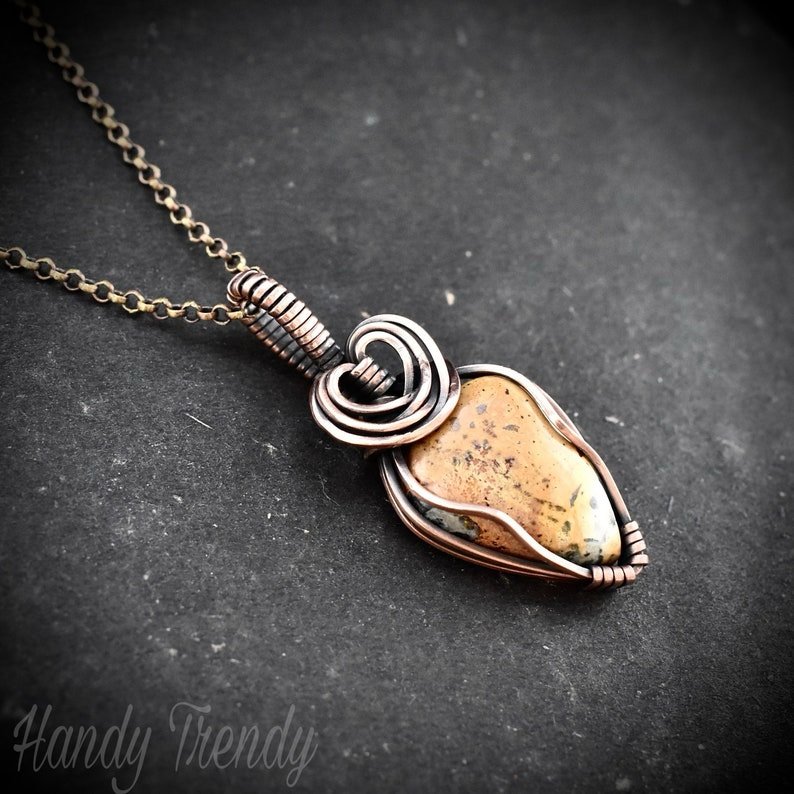 Maligano jasper heart pendant, Copper wire wrapped jewelry, Unique handmade Gift, Artisan boho necklace, One of a kind piece