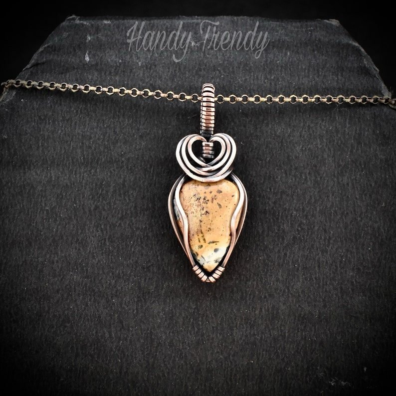 Maligano jasper heart pendant, Copper wire wrapped jewelry, Unique handmade Gift, Artisan boho necklace, One of a kind piece