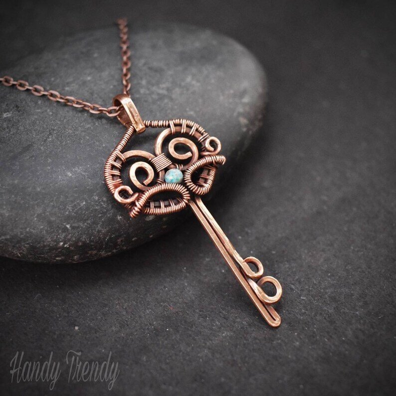 Turquoise key pendant, Copper wire wrapped jewelry, Unique handmade necklace, Artisan necklace