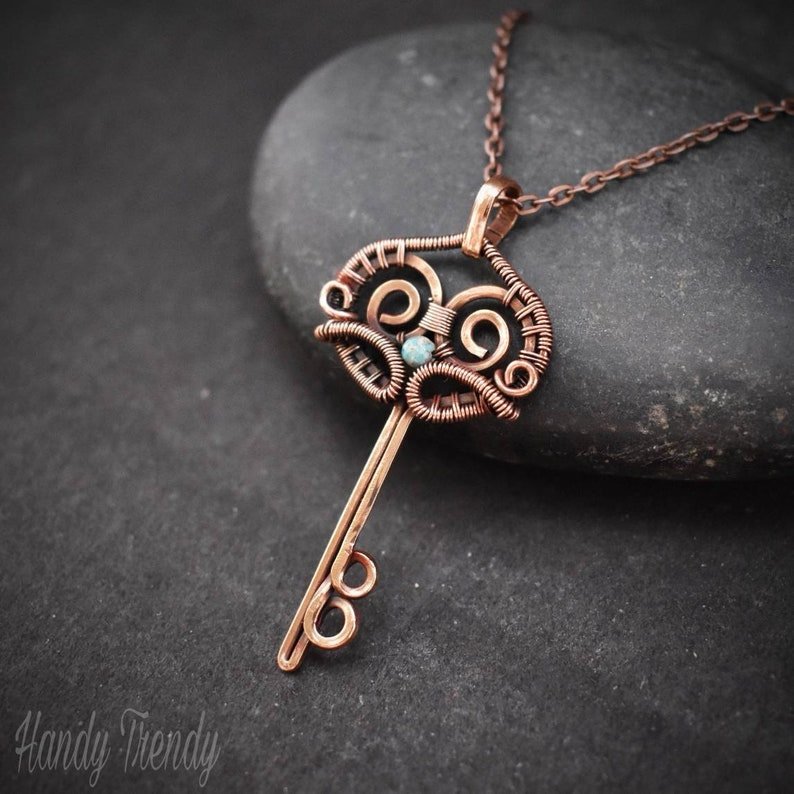 Turquoise key pendant, Copper wire wrapped jewelry, Unique handmade necklace, Artisan necklace