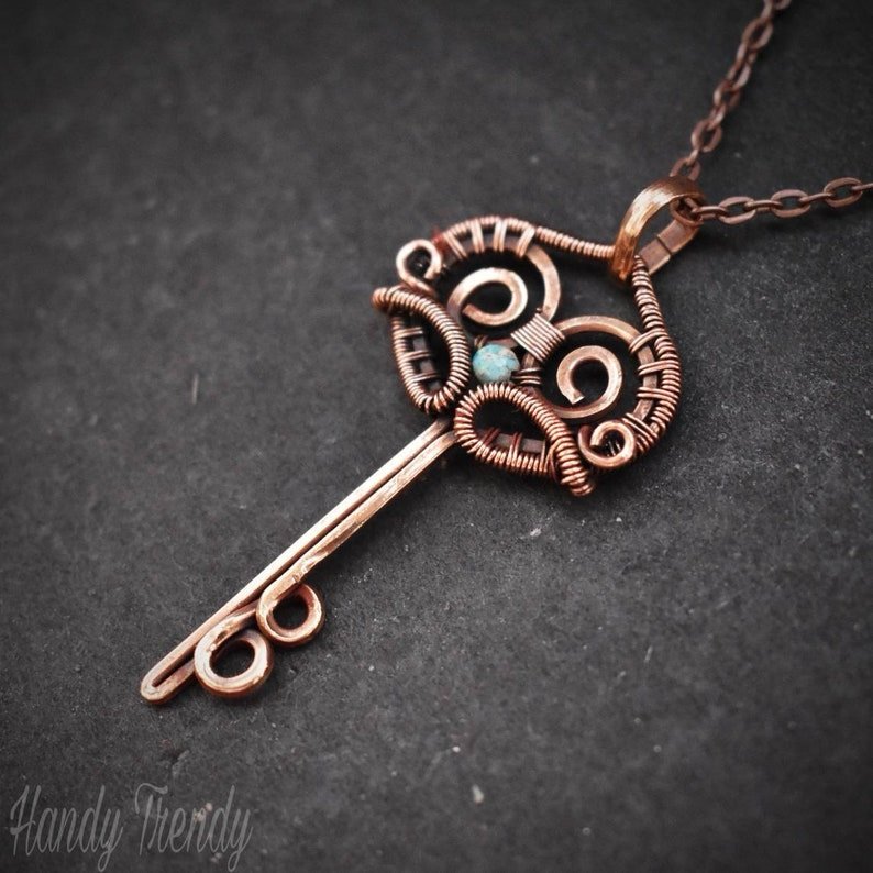Turquoise key pendant, Copper wire wrapped jewelry, Unique handmade necklace, Artisan necklace