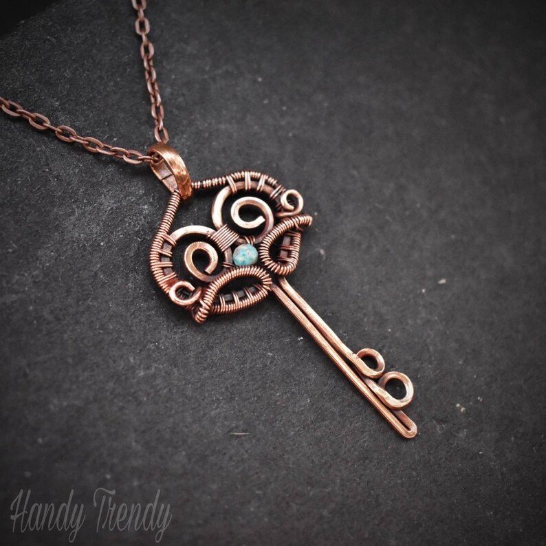 Turquoise key pendant, Copper wire wrapped jewelry, Unique handmade necklace, Artisan necklace