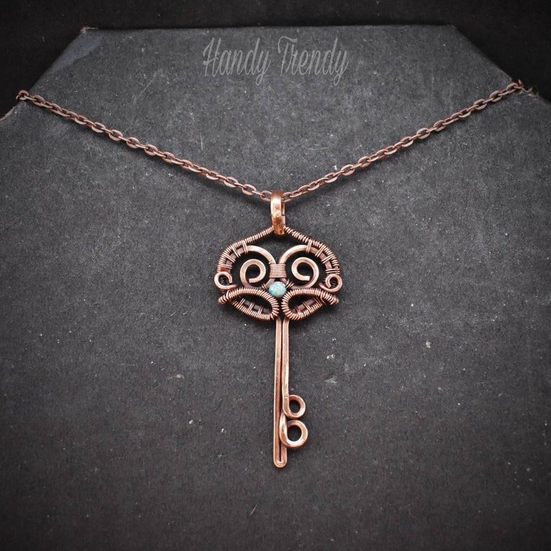 Turquoise key pendant, Copper wire wrapped jewelry, Unique handmade necklace, Artisan necklace