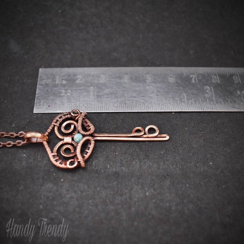 Turquoise key pendant, Copper wire wrapped jewelry, Unique handmade necklace, Artisan necklace