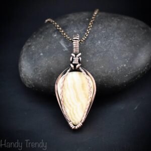 Yellow aurgonite pendant, Copper Wire wrapped necklace, Unique handmade gift, One of a kind artisan boho jewelry