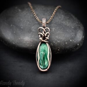 Malachite pendant, Copper wire wrapped necklace, Unique handmade gift, One of a kind jewelry, Artisan boho jewelry