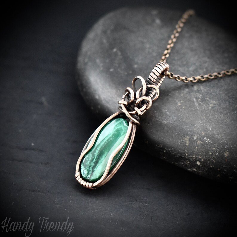 Malachite pendant, Copper wire wrapped necklace, Unique handmade gift, One of a kind jewelry, Artisan boho jewelry
