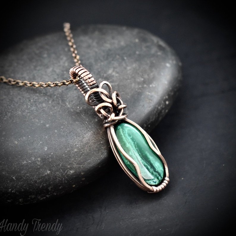 Malachite pendant, Copper wire wrapped necklace, Unique handmade gift, One of a kind jewelry, Artisan boho jewelry