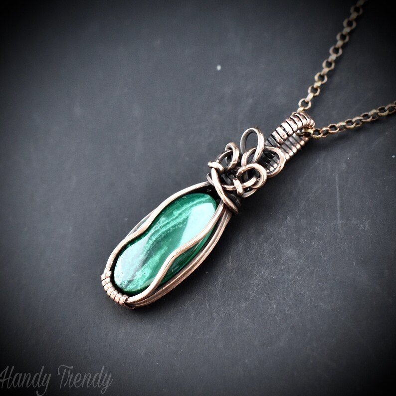 Malachite pendant, Copper wire wrapped necklace, Unique handmade gift, One of a kind jewelry, Artisan boho jewelry