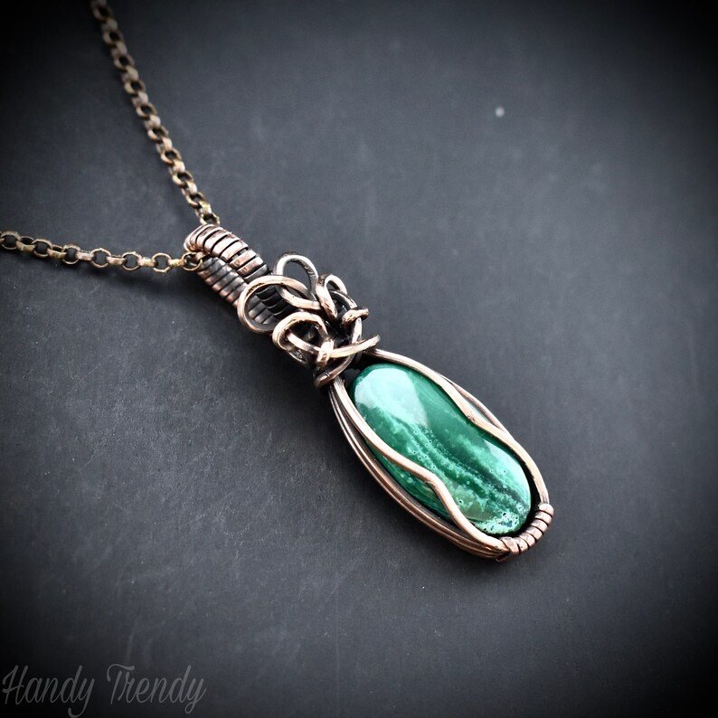 Malachite pendant, Copper wire wrapped necklace, Unique handmade gift, One of a kind jewelry, Artisan boho jewelry
