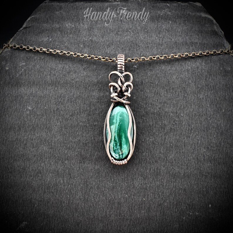 Malachite pendant, Copper wire wrapped necklace, Unique handmade gift, One of a kind jewelry, Artisan boho jewelry