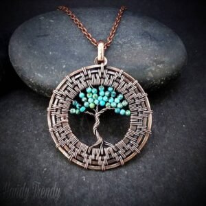 Tree of life wheel pendant, Turquoise copper wire wrapped necklace, Unique handmade birthday gift, Celestial artisan jewelry, One of a kind