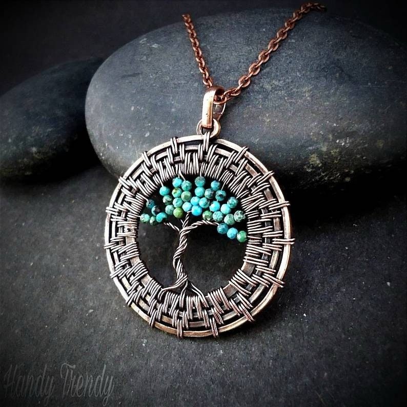 Tree of life wheel pendant, Turquoise copper wire wrapped necklace, Unique handmade birthday gift, Celestial artisan jewelry, One of a kind