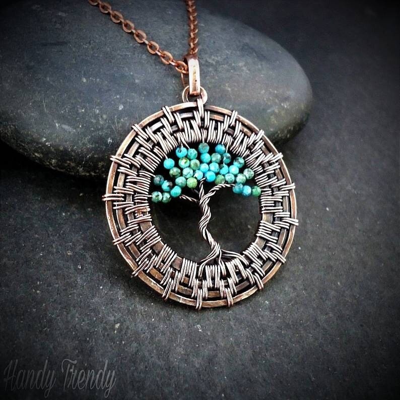 Tree of life wheel pendant, Turquoise copper wire wrapped necklace, Unique handmade birthday gift, Celestial artisan jewelry, One of a kind