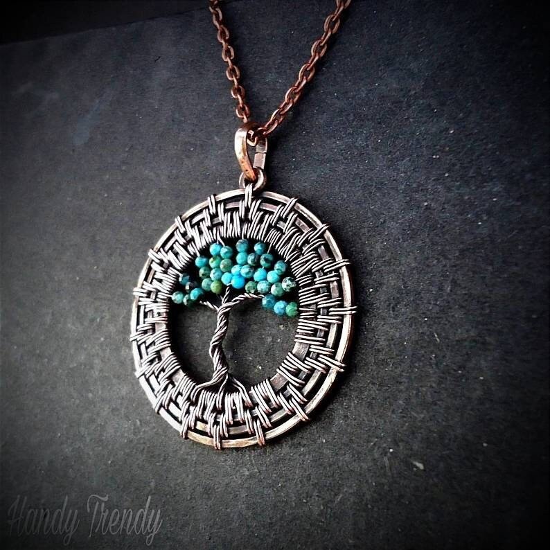 Tree of life wheel pendant, Turquoise copper wire wrapped necklace, Unique handmade birthday gift, Celestial artisan jewelry, One of a kind