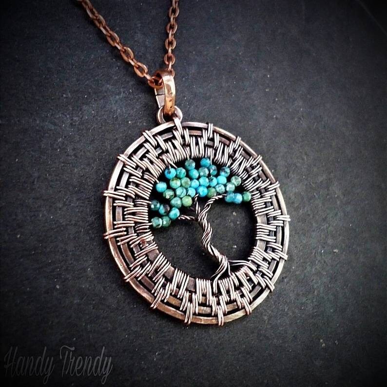 Tree of life wheel pendant, Turquoise copper wire wrapped necklace, Unique handmade birthday gift, Celestial artisan jewelry, One of a kind