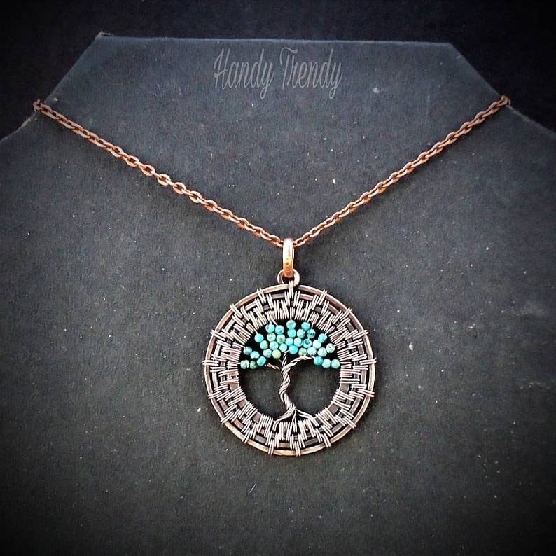 Tree of life wheel pendant, Turquoise copper wire wrapped necklace, Unique handmade birthday gift, Celestial artisan jewelry, One of a kind