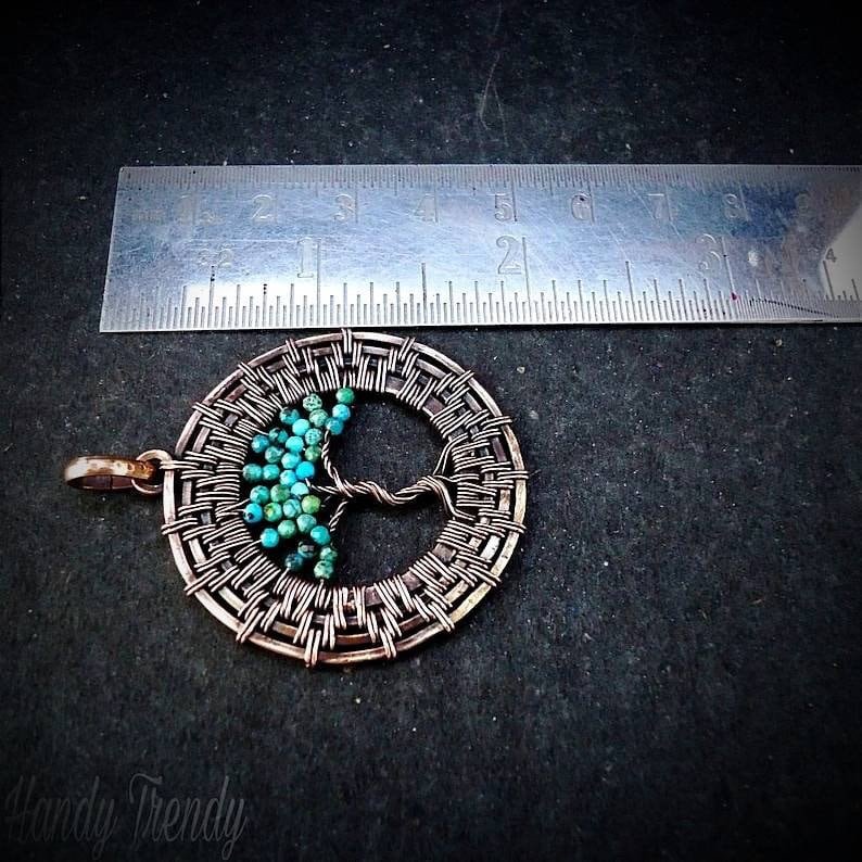 Tree of life wheel pendant, Turquoise copper wire wrapped necklace, Unique handmade birthday gift, Celestial artisan jewelry, One of a kind