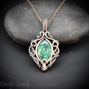 Malachite pendant, Free flow copper wire wrapped necklace, Unique handmade One of a kind Artisan boho jewelry Copy
