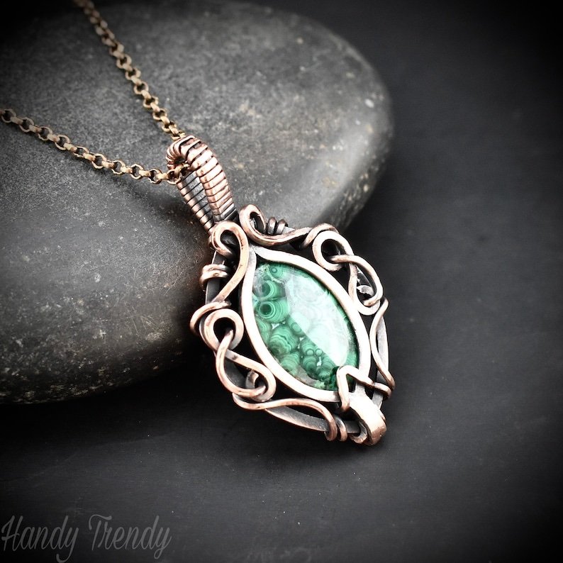 Malachite pendant, Free flow copper wire wrapped necklace, Unique handmade One of a kind Artisan boho jewelry Copy