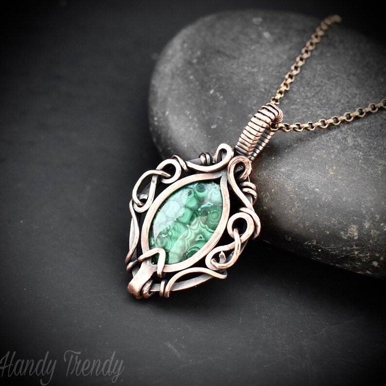 Malachite pendant, Free flow copper wire wrapped necklace, Unique handmade One of a kind Artisan boho jewelry Copy