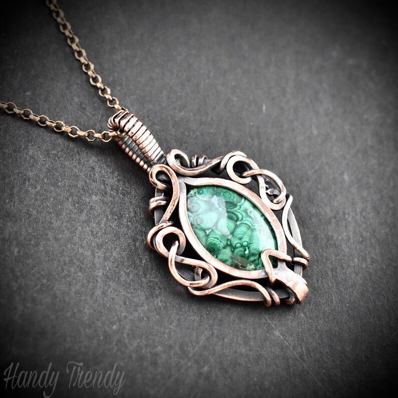 Malachite pendant, Free flow copper wire wrapped necklace, Unique handmade One of a kind Artisan boho jewelry Copy