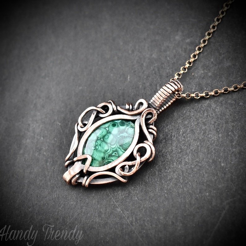 Malachite pendant, Free flow copper wire wrapped necklace, Unique handmade One of a kind Artisan boho jewelry Copy
