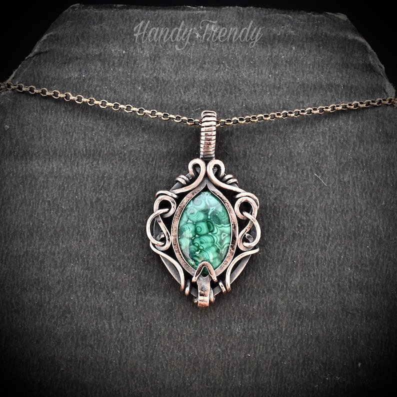 Malachite pendant, Free flow copper wire wrapped necklace, Unique handmade One of a kind Artisan boho jewelry Copy