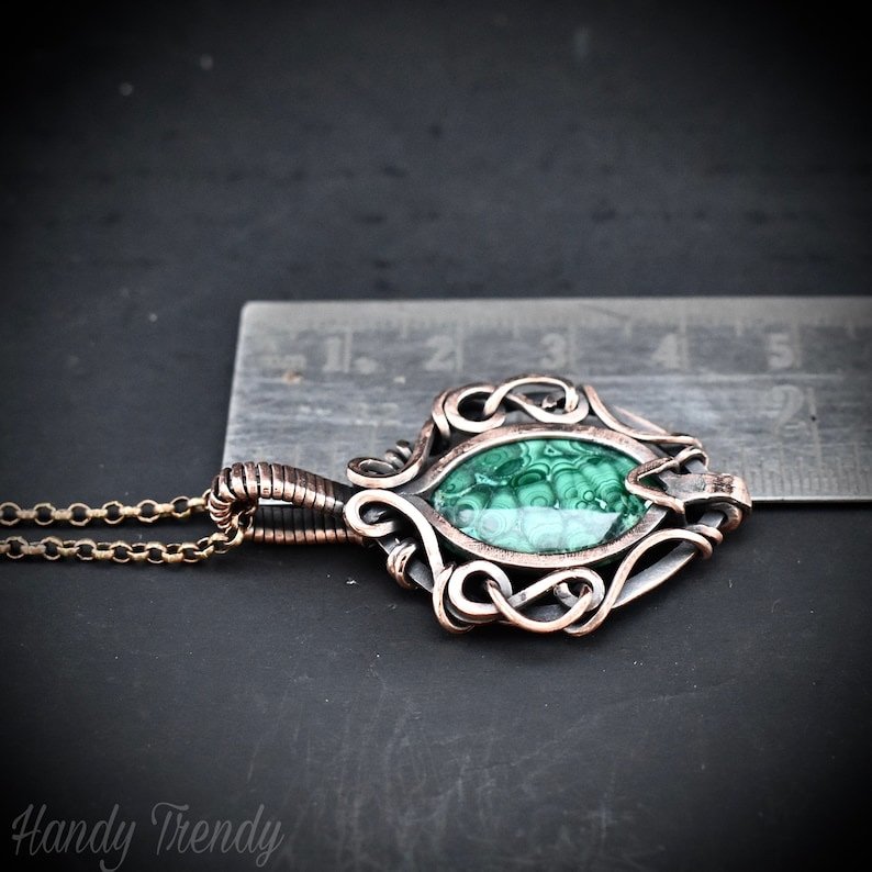 Malachite pendant, Free flow copper wire wrapped necklace, Unique handmade One of a kind Artisan boho jewelry Copy