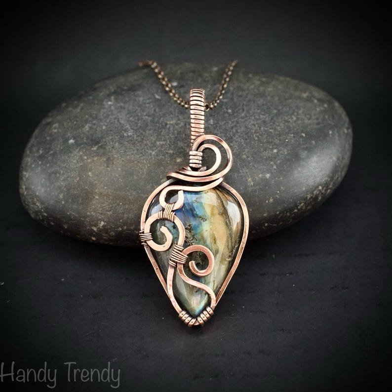 Labradorite curl pendant, Copper wire wrapped jewelry, Unique handmade gift, Artisan boho necklace, One of a kind necklace