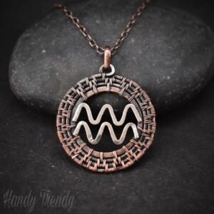 Aquarius zodiac symbol pendant, 925 sterling silver and Copper wire wrapped necklace, Unique handmade gift, One of a kind jewelry