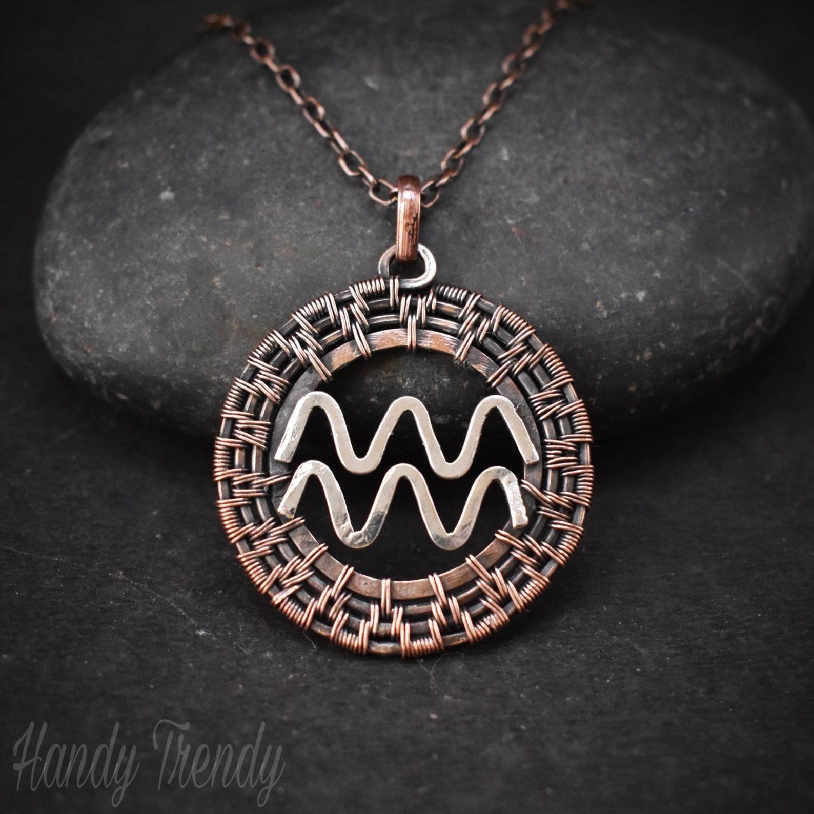 Aquarius zodiac symbol pendant, 925 sterling silver and Copper wire wrapped necklace, Unique handmade gift, One of a kind jewelry