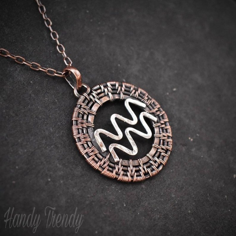 Aquarius zodiac symbol pendant, 925 sterling silver and Copper wire wrapped necklace, Unique handmade gift, One of a kind jewelry