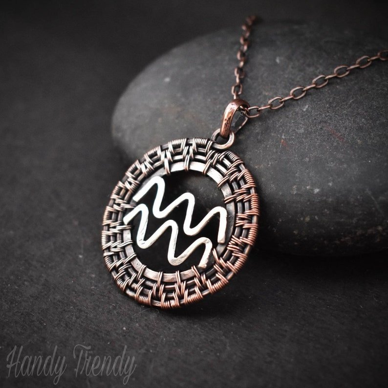 Aquarius zodiac symbol pendant, 925 sterling silver and Copper wire wrapped necklace, Unique handmade gift, One of a kind jewelry