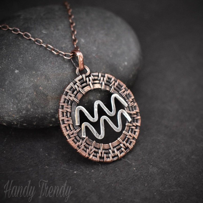 Aquarius zodiac symbol pendant, 925 sterling silver and Copper wire wrapped necklace, Unique handmade gift, One of a kind jewelry