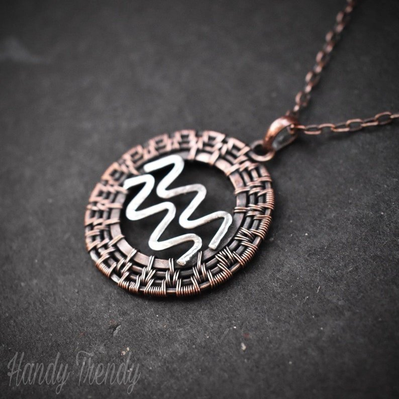 Aquarius zodiac symbol pendant, 925 sterling silver and Copper wire wrapped necklace, Unique handmade gift, One of a kind jewelry