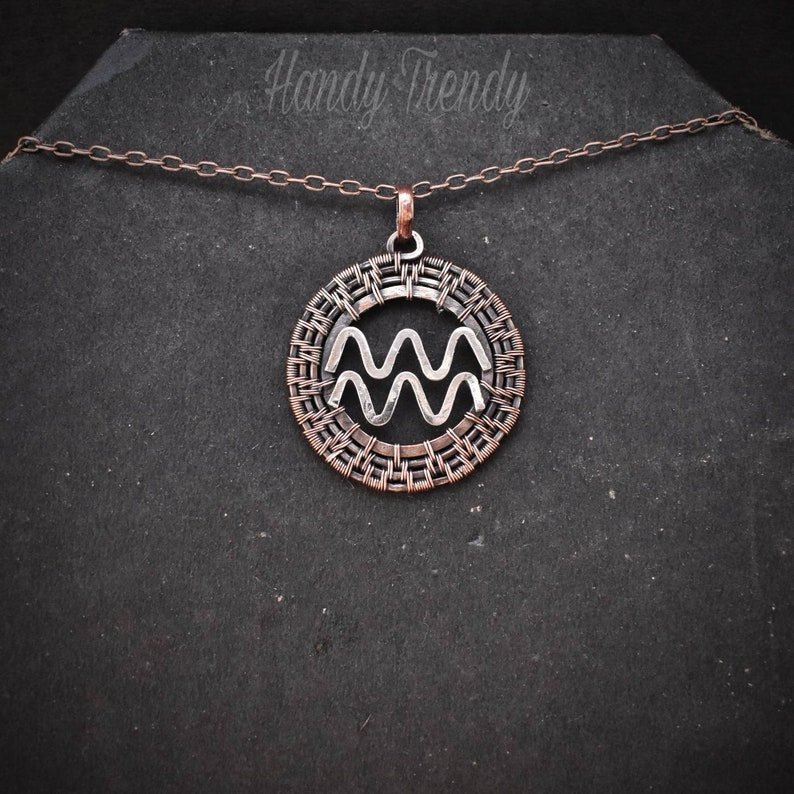 Aquarius zodiac symbol pendant, 925 sterling silver and Copper wire wrapped necklace, Unique handmade gift, One of a kind jewelry
