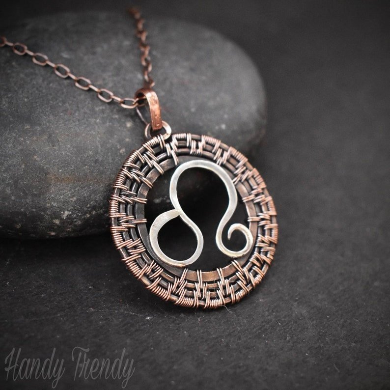 Leo zodiac pendant, 925 sterling silver and Copper wire wrapped necklace, Unique handmade gift , One of a kind artisan jewelry