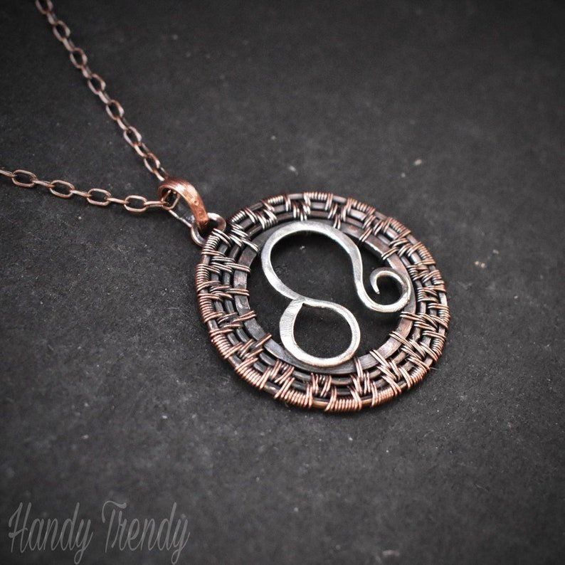 Leo zodiac pendant, 925 sterling silver and Copper wire wrapped necklace, Unique handmade gift , One of a kind artisan jewelry