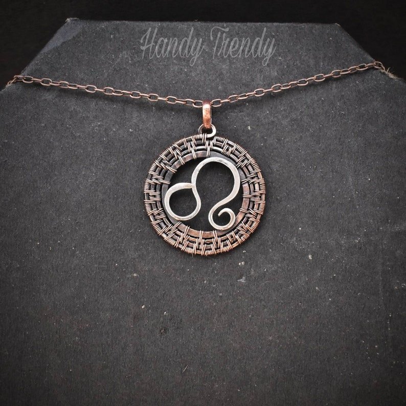 Leo zodiac pendant, 925 sterling silver and Copper wire wrapped necklace, Unique handmade gift , One of a kind artisan jewelry