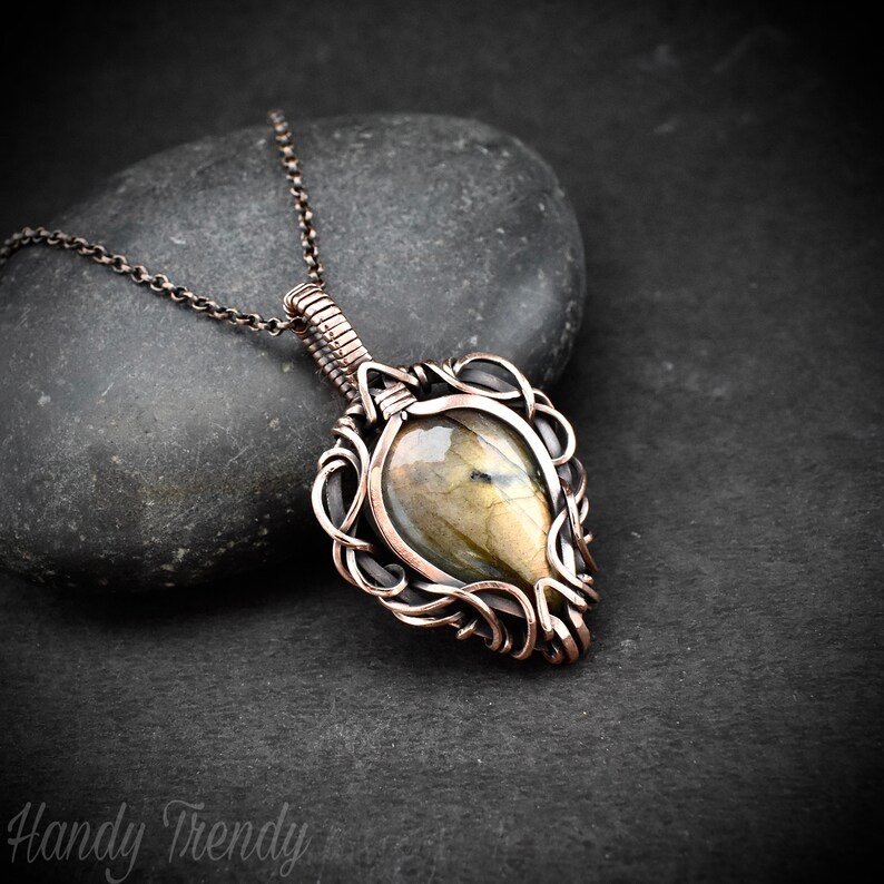 Free flow golden labradorite pendant, Copper Wire wrapped necklace, Unique handmade gift, One of a kind artisan boho jewelry