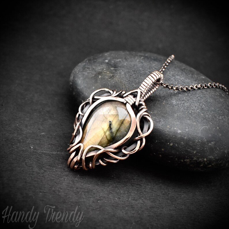 Free flow golden labradorite pendant, Copper Wire wrapped necklace, Unique handmade gift, One of a kind artisan boho jewelry