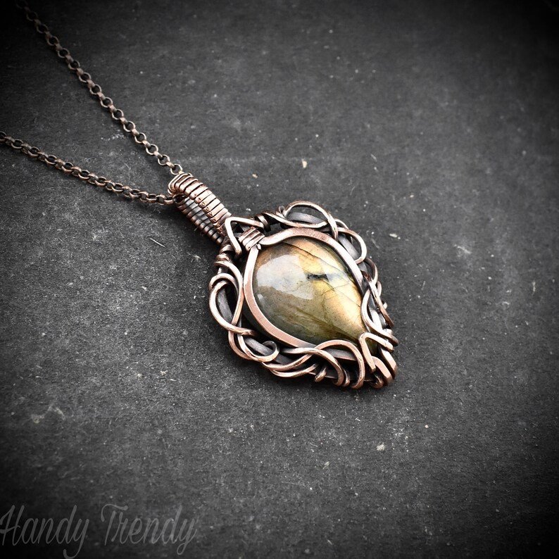 Free flow golden labradorite pendant, Copper Wire wrapped necklace, Unique handmade gift, One of a kind artisan boho jewelry